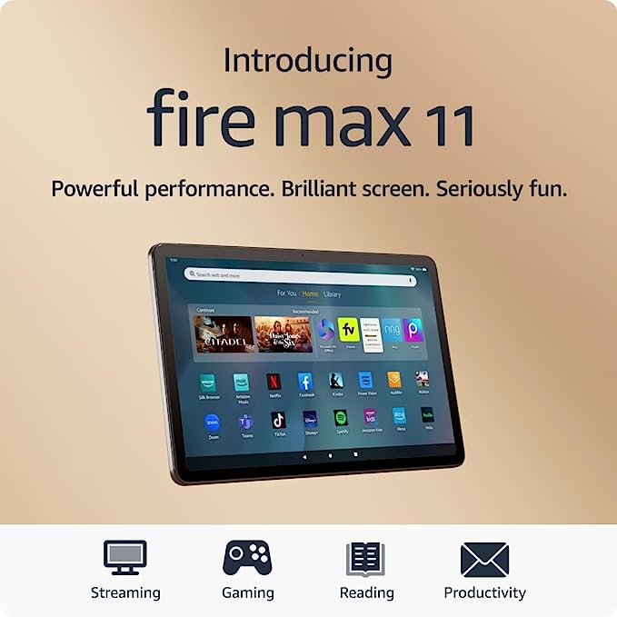 Introducing Amazon Fire Max 11 tablet, built for entertainment, vibrant 11” display, octa-core processor, 4 GB RAM, lightweight sleek metal design, 64 GB, Gray, without lockscreen ads