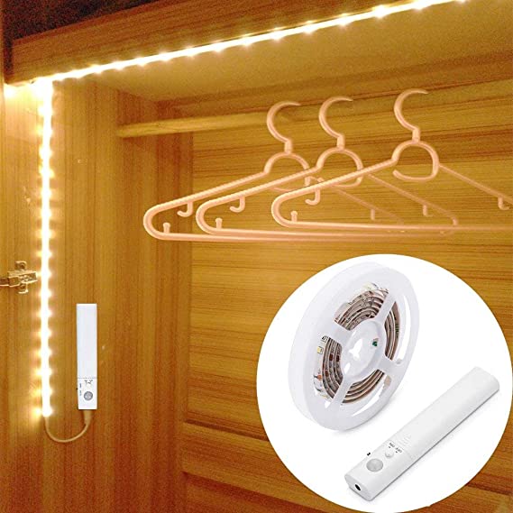 Motion Sensor Wardrobe Light, 1M LED Strip Closet Lights, PIR Auto on/Off, Battery Powered Warm White for Bedside, Bathroom, Closet, Cabinet, Kitchen, Stairs