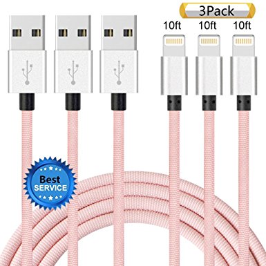 iPhone Cable SGIN, 3Pack 10FT Nylon Braided Cord Lightning Cable Certified to USB Charging Charger for iPhone 7,7 Plus,6S,6s Plus,6,6plus,SE,5S,5,iPad,iPod Nano 7 - Pink