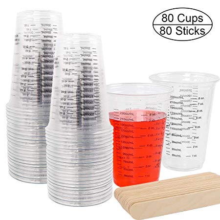 DEPEPE 80 Packs 8oz Disposable Measuring Cups for Resin Clear Plastic Graduated Epoxy Mixing Cups with 80 Wooden Stirring Sticks for Mixing Paint, Stain, Epoxy, Resin