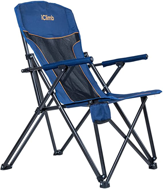 iClimb Heavy Duty Hard Arm Camping Folding Mesh Chair with Cup Holder, Bottle Opener and Carry Bag