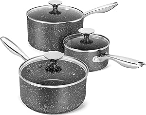 MICHELANGELO Sauce Pans with Lids, Granite Saucepan Set of 3, 1.5Qt & 2Qt & 3Qt Nonstick Small Pots with Non-Toxic Coating, All Cooktops Compatible