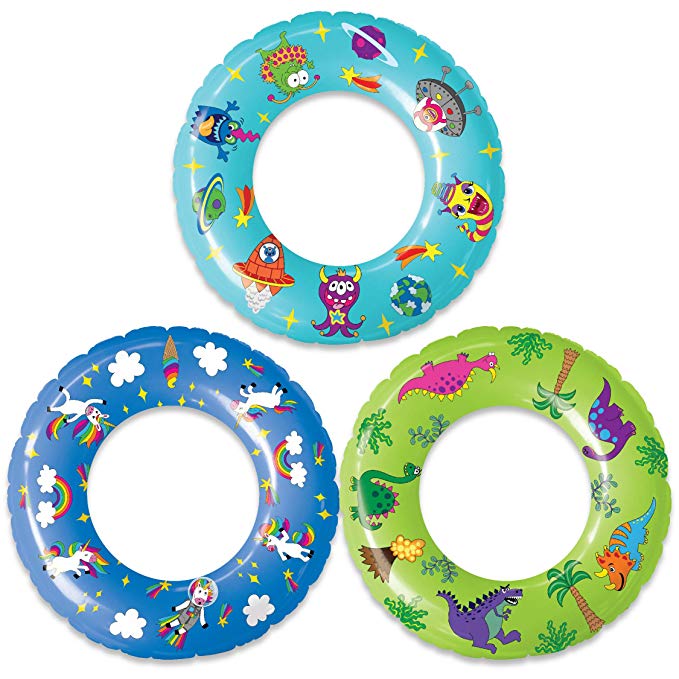 Pool Floats and Swimming Rings for Kids - 3 Pack Inflatable Pool Floats, Beach Floats, Swim Rings Tube Set w/ Original Designs (Unicorns, Dinosaurs, Aliens)