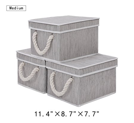 Storage Bin with Lid, Foldable Basket Organizer With Strong Cotton Rope Handle By StorageWorks, Gray, Bamboo Style, Medium, 3-Pack