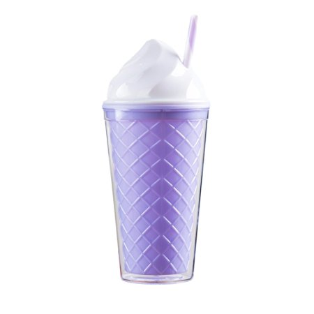 Bewaltz Ice Cream Double Wall To Go Cold Cup Tumbler with Straw BPA Free 16 oz. (Purple Cone)
