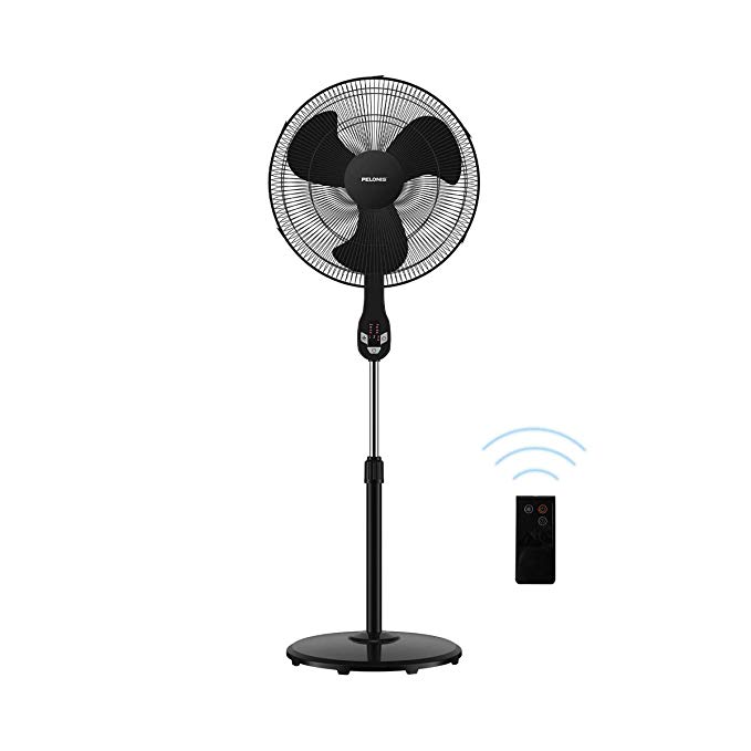 PELONIS FS45-18UR 18" Quiet Oscillating Pedestal Fan with LED Display, Remote Control, 3 Speeds and Modes, 7h Programmed Timer for Home and Office, Glossy Black, 18 Inch