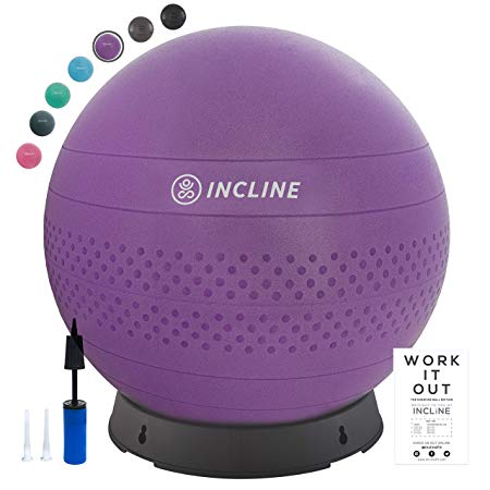 Incline Fit Anti-Burst Exercise Ball, Base & Pump (55, 65, 75 cm) for Balance, Stability, Yoga, Pilates & Fitness; Swiss Ball Stand, Alternative to Office Desk Chair or Pregnancy Birthing Ball