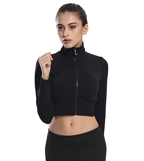 J-pinno Women's Sports Workout Zip Up Long Sleeve Sweetshirt Fitted Crop Top