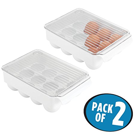 mDesign Plastic 12 Egg Holder with Lid for Mini Fridge, Kitchen Refrigerator - Pack of 2, White/Clear