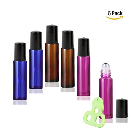 Olilia Glass Roll on Bottles with Metal Roller Balls - Essential Oils Key included 6 Pack of 10ml(1/3oz) (Mixed Color)