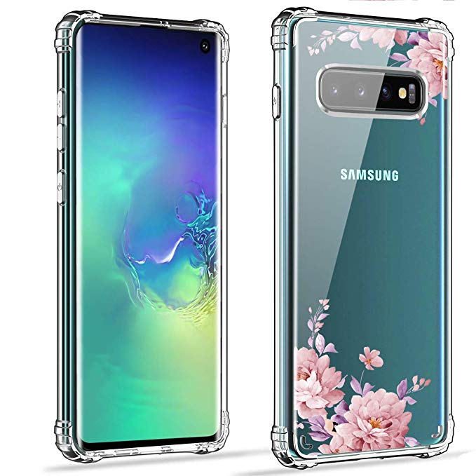 Hocase Galaxy S10 Case, SM-G973 Case, Shock Absorption TPU Rubber Bumper Corners Clear Hard Back Cover Hybrid Slim Protective Case for Samsung Galaxy S10 6.1-inch 2019 - Rose Gold Flowers