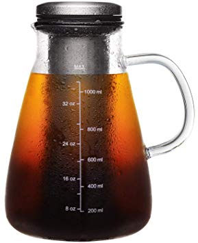 Veken Airtight Cold Brew Iced Coffee Maker & Iced Tea Maker -1.0L/34oz Glass Carafe with Removable Double Mesh Stainless Steel Filter, Includes Non-Slip Silicone Base and Sponge Brush