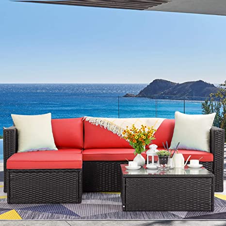 LEMBERI 5 Pieces Outdoor Furniture Patio Conversation Sets, All Weather Wicker Sectional Sofa Couch Lawn Sectional Furniture with Washable Couch Cushions and Glass Table(Red)