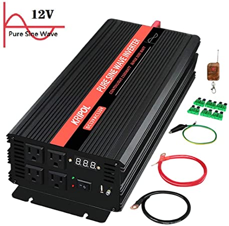KRIPOL Pure Sine Wave Inverter 1500 Watt -12V DC to 110V AC Car Power Inverter with 4 AC Outlets & One 2.1AH USB Output-Wireless Remote and LED Display-Peak Power 3000W