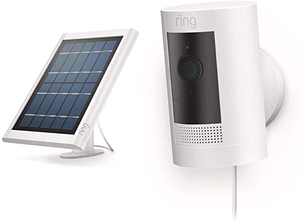 Ring Stick Up Cam Solar HD security camera with two-way talk, Works with Alexa – White