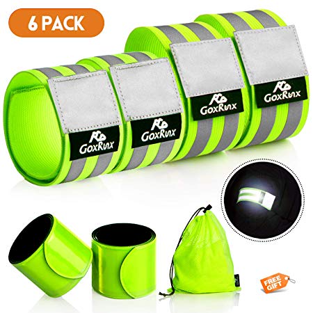 GoxRunx 6 Pcs Reflective Bands Running Gear for Arm/Wrist/Ankle/Leg   Slap Bracelet, Hi Vis Safety Reflectors Armband Reflective Tape Straps for Night Running, Cycling, Walking