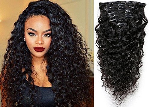 Water Wave Curly Clip in Human Hair Extensions Natural Black 7 Pcs 120g Wavy Remy Clip in Hair Extension for Black Women Natural Curly Hair Clip ins 22inch