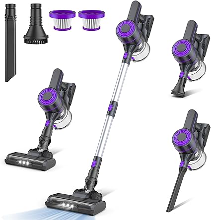 EICOBOT Cordless Vacuum Cleaner,20000Pa Powerful Cordless Vacuum,35 Mins Runtime,Detachable Battery,1.5L Dust Cup,6 in 1 Lightweight Quiet Stick Vacuum Cleaner for Hardwood Floor Pet Hair,Car,Violet