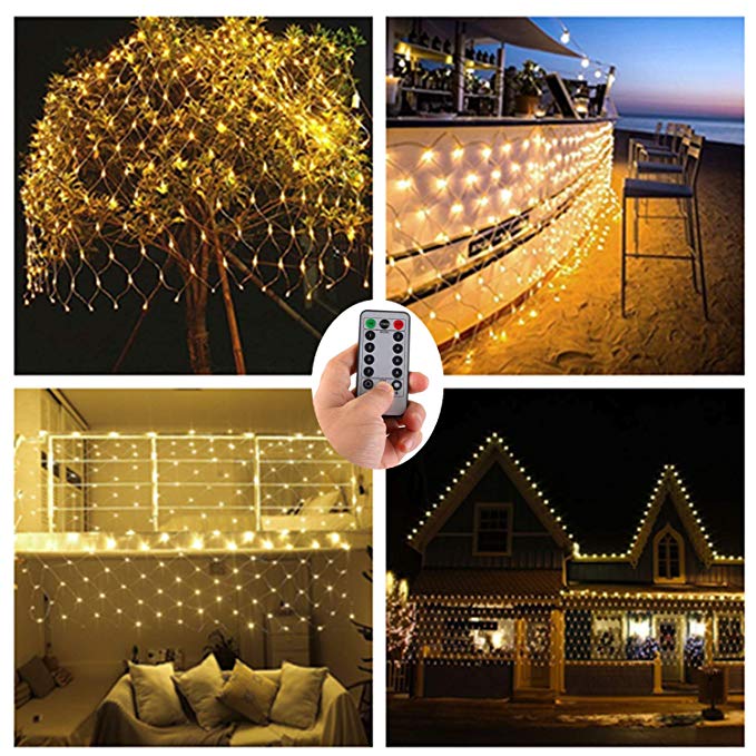 Battery Operated Led Net Mesh Lights,9.8ft x 6.6ft 200 Warm White LEDs,Outdoor String Decorative Lights for Window Wall Sweetheart Table Background Camping Beach [Remote,8 Mode,Timer,Dimmable]