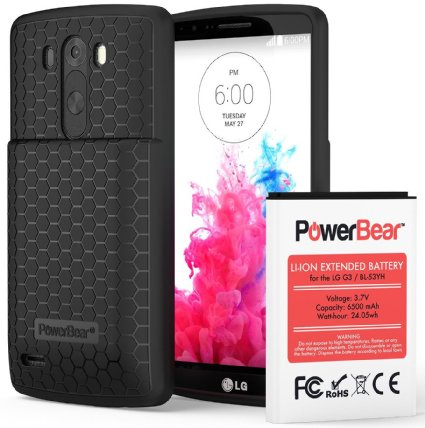 PowerBear LG G3 6500mAh Extended Battery and Back Cover and Protective Case Up to 22X Extra Battery Power - Black 24 Month Warranty and Screen Protector Included