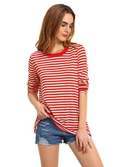 Romwe Women's Stripe Long Sleeve Casual Loose Top T-Shirt