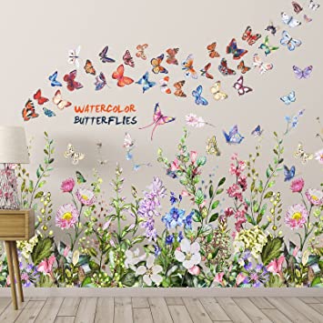 Flowers Butterflies Wall Stickers Colorful Wall Decals Peel and Stick PVC Butterfly Combination Garden Wall Decor for Bedroom Kids Girls Nursery Room Living Room Bathroom Kitchen Classroom