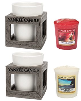 Yankee Candle Rustic Modern Wood Effect TWO PACK Plastic Votive Surrounds & Ceramic Holders Plus TWO SAMPLERS Small 7.5cm Contemporary Decorative Candle Containers Indoor/Outdoor Grey/White