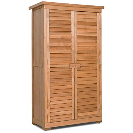 Goplus Outdoor Storage Shed Wooden Shutter Design Fir Wood Lockers for Garden Yard (Natural)