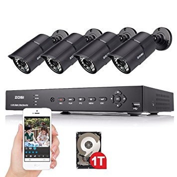 ZOSI 8-Channel 720P AHD DVR Security System with 4x 1280TVL 1.0MP IR Outdoor Day&Night Bullet Cameras 36pcs IR leds 100ft night vision,Metal Housing ,1TB Hard Drive and Remote Surveillance (Black)