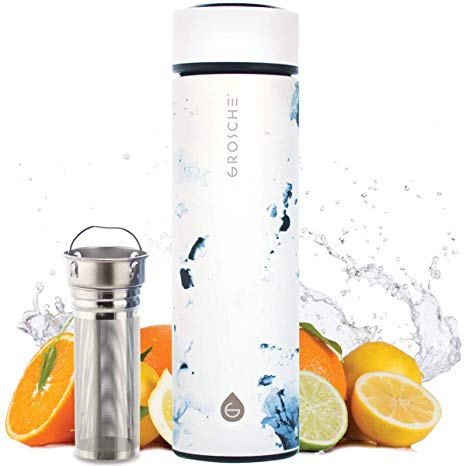 GROSCHE Chicago SOFT TOUCH (White Marble) fruit infuser water bottle | Double Walled Tea infuser bottle | Vacuum insulated stainless steel water bottle | 450 ml/ 15.2 fl. Oz | EXTRA LONG TEA INFUSER