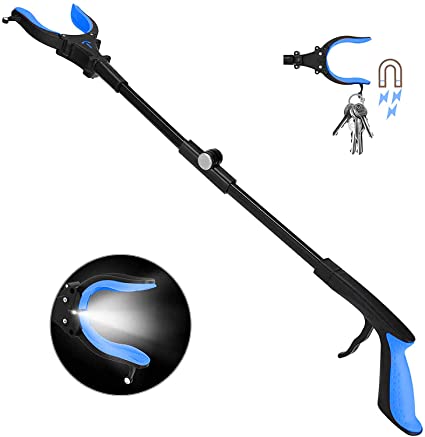 Foldable Grabber Reacher Tool with Light, 31" Garbage Grabber Tool, 90°Rotating Anti-Slip Jaw, Soft Rubber Handle & Durable Stick, Magnet Hook, Gabbers for Elderly (Blue) 8310-B-1