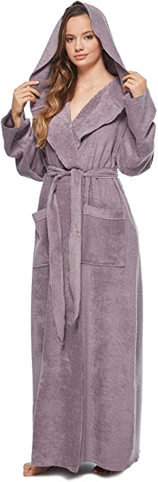 Arus Women's Princess Robe Ankle Long Hooded Silky Light Turkish Cotton Bathrobe