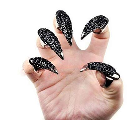 10 PCS Rhinestone Costume Claws Fake Nails Ring Set, Bestga Gothic Punk 3 Sizes Crystal Full Finger Rings Paved Paw Bend Fingertip Fingernail Claw Girls Women Men Ring False Easy Long Nails Black