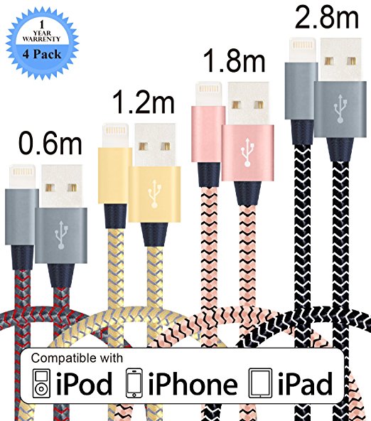 LOVRI 4 pack 0.6M 1.2M 1.8M 2.8M Nylon Braided Charging Cable Lightning to USB Cable Charger for iPhone 7/7 Plus/6/6s/6 plus/6s plus,iPhone 5/5s/5c,iPad,iPod and More(4pcs different colors)