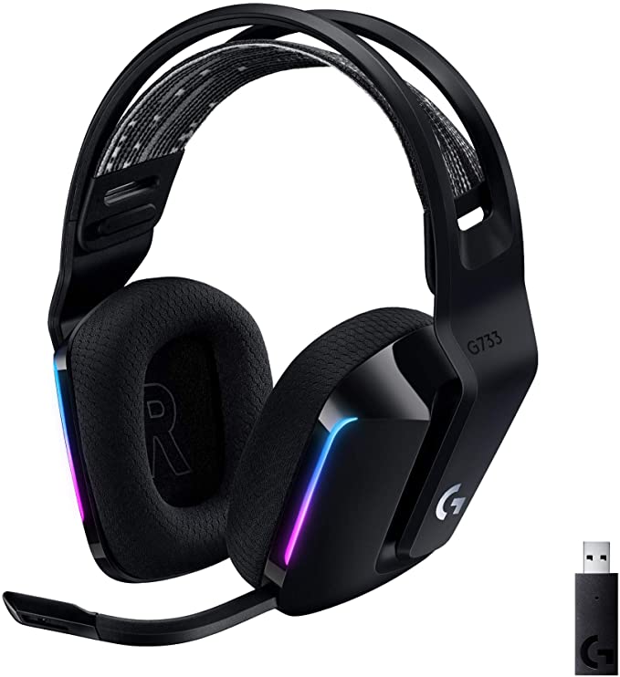 Logitech G733 Lightspeed Wireless Gaming Headset with Suspension Headband, LIGHTSYNC RGB, Blue VO!CE mic Technology and PRO-G Audio Drivers, Lightweight, 29 Hour Battery Life, 20m Range - Black