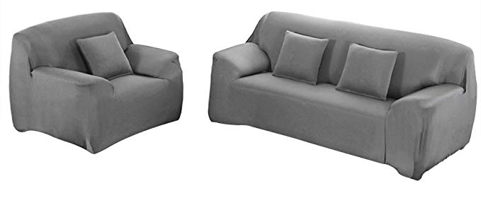 WOWTOY Sofa Cover 1 2 3 4 Seater Slip Cover Sofa Couch Stretch Elastic Fabric Sofa Protector (2 Seater, Grey)