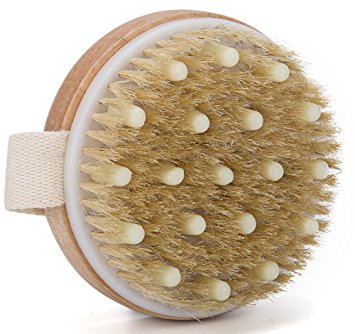 Dry / Wet Bath Body Brush by JANRELY- Natural Boar's Bristle Massage for Better Exfoliation - Remove Dead Skin Cells While Reducing Cellulite & Toxins