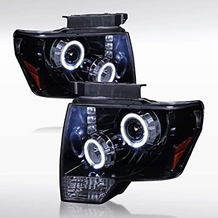 Autozensation Compatible with Ford F150 2009-2014, Halo Led Glossy Black Housing Smoke Lens Projector Headlights, L R Pair Head Light Lamp Assembly