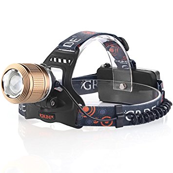 LED Headlamp, Ultra-Bright 2000 Lumens Rain proof Headlight 3 Modes Head Torch Spotlight Floodlight Flashlight with 2pcs Rechargeable 18650 Batteries for Camping Biking Working Hunting (Brown)