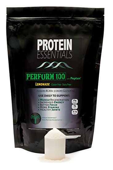 Hydrolyzed Collagen Sports Performance Powder, Perform 100 by Protein Essentials w Premium Peptan Peptides Hydrolysate 25g Protein and 7g BCAA, Non Dairy Paleo Friendly (Lemonade)