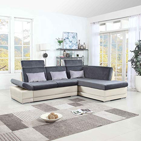 Classic Large Faux Leather and Microfiber L-Shape Sectional Sofa Couch with Chaise Lounge and Adjustable Headrest (White / Dark Grey)