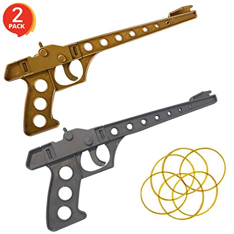 Gamie Rubber Launcher Toy Gun Shooting Game for Kids - Set of 2 - Total of 2 Launchers, 8 Rubber Bands, and 6 Bonus Duck Target Cutouts - Fun Party Activity and Birthday Party Favor for Boys and Girls