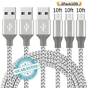 DANTENG Micro USB Cable,3 Pack 10FT Long Premium Nylon Braided Android Charger USB to Micro USB Charging Cable Samsung Charger Cord for Samsung Galaxy S7 Edge S7 S6 S4 S3,Note 5 4 (GrayWhite)