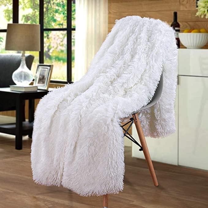 Merit Home Shag with Sherpa Reversible Warm Throw Blanket, Ultra Soft, Cozy Plush Luxury Fuzzy Longfur Blanket, Hypoallergenic and Washable Couch Bed Fluffy Furry Throws Photo Props, 50x60-Pure White