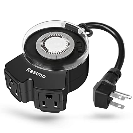 Restmo 24-Hour Mechanical Outdoor Timer, Waterproof Plug-in Timer with Dual Wide-Spaced Outlets, Programmable, Heavy Duty, Ideal for Outdoor Light, Pool Pump, Fountain, 15A, 1/2HP, ETL Listed