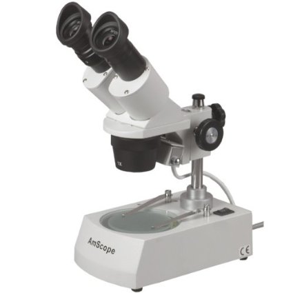AmScope SE306R-P20 Forward-Mounted Binocular Stereo Microscope, WF20x Eyepieces, 40X and 80X Magnification, 2X and 4X Objectives, Upper and Lower Halogen Lighting, Reversible Black/White Stage Plate, Pillar Stand, 120V