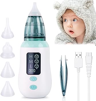 Mouche Bébé Electrique, Aspirateur Nasal pour Bébé, Nettoyeur de Nez de Bébé avec 3 Niveaux d'aspiration 4 Buses en Silicone, Suceur de Nez Rechargeable pour Nouveau-nés et Tout-petits