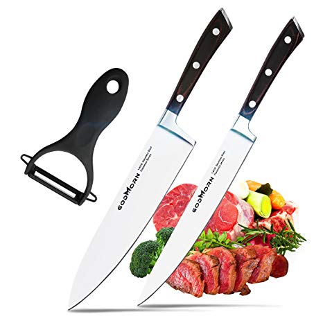 Godmorn Chef Knife Set 3 Pcs X50CrMov15 German Stainless Steel Blade   Pokka Wood Handle, 8 inch Chef Knife   8 inch Utility Knife   Ceramic Peeler, Knife Set with Gift Box, FDA/LFGB Certification
