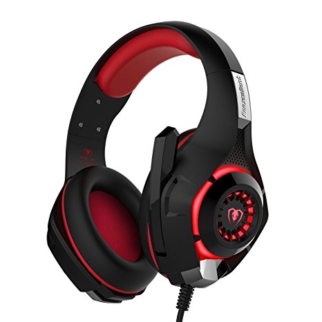 Gaming Headset, Over-Ear Gaming Headphones with Volume Control USB 3.5mm Noise Cancelling Earphones Built-in Mic Stereo Bass LED Light for PS4 PC Tablet Laptop (Red)