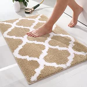 OLANLY Luxury Bath Mat, Soft and Absorbent Microfiber Bathroom Rugs, Non-Slip Shaggy Bath Carpet, Machine Wash Dry, Bath Mats for Bathroom Floor, Tub and Shower, 24" x 16", Beige